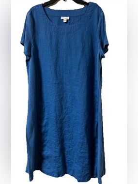 J Jill Pure jill Linen Dress Womens L Shift Ocean Blue Knit Fabric Stretch Sides